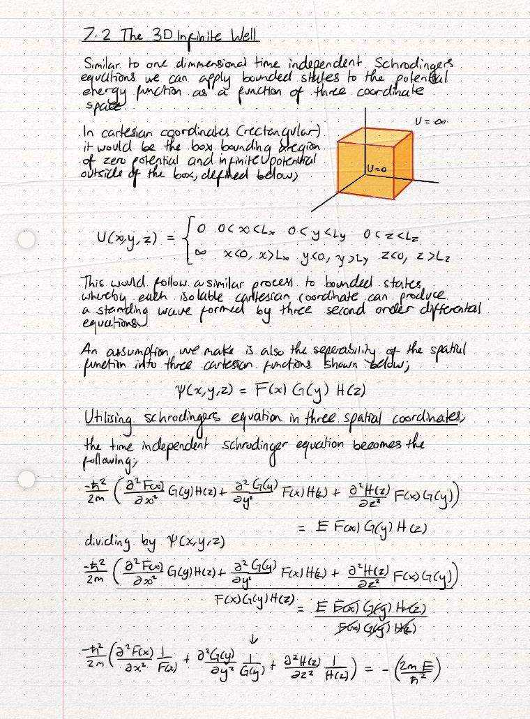 Handwritten notes, 7.2 The 3D Infinite Well, page 1